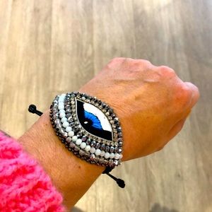 Silver evil eye cuff bracelet. Brand new. Handmade with adjustable leather strap